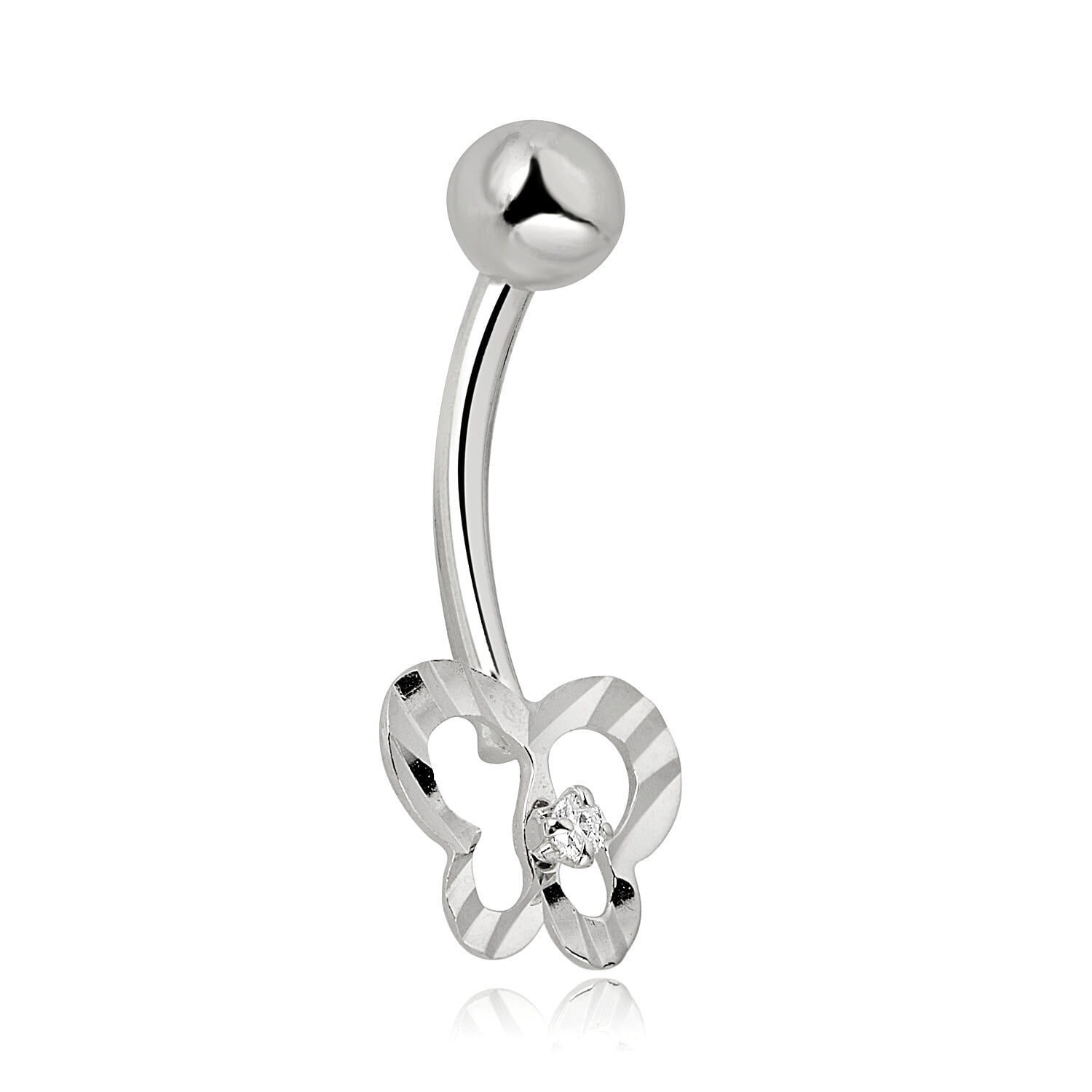 AVORA 10K White Gold Open Butterfly 0.02 CT Genuine Diamond Belly Button Ring Body Jewelry (14 Gauge)