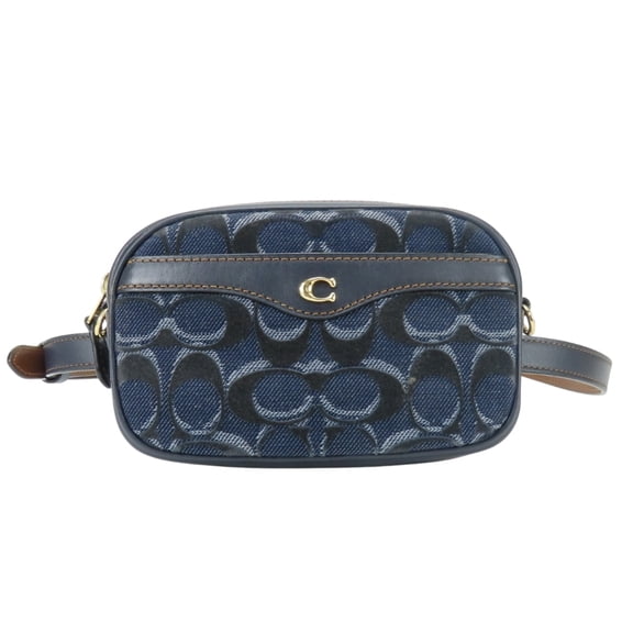Pre-Owned Coach Signature Denim Waist Bag F58550 Leather Navy Brown Camera Pouch for Women COACH