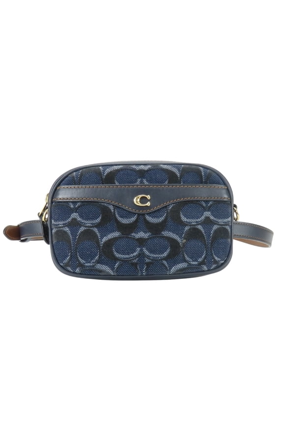 Pre-Owned Coach Signature Denim Waist Bag F58550 Leather Navy Brown Camera Pouch for Women COACH
