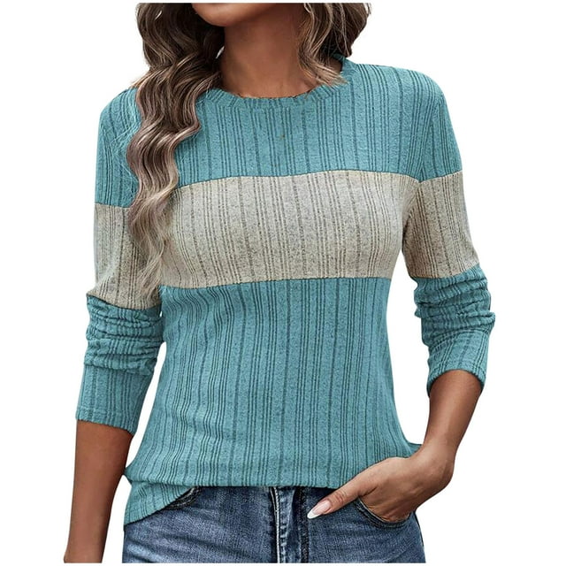 Timegard Hauts de Sortie pour Femmes Col Rond Manches Longues T-Shirts Ajustés à Blocs de Couleur Automne Décontractés Confortables