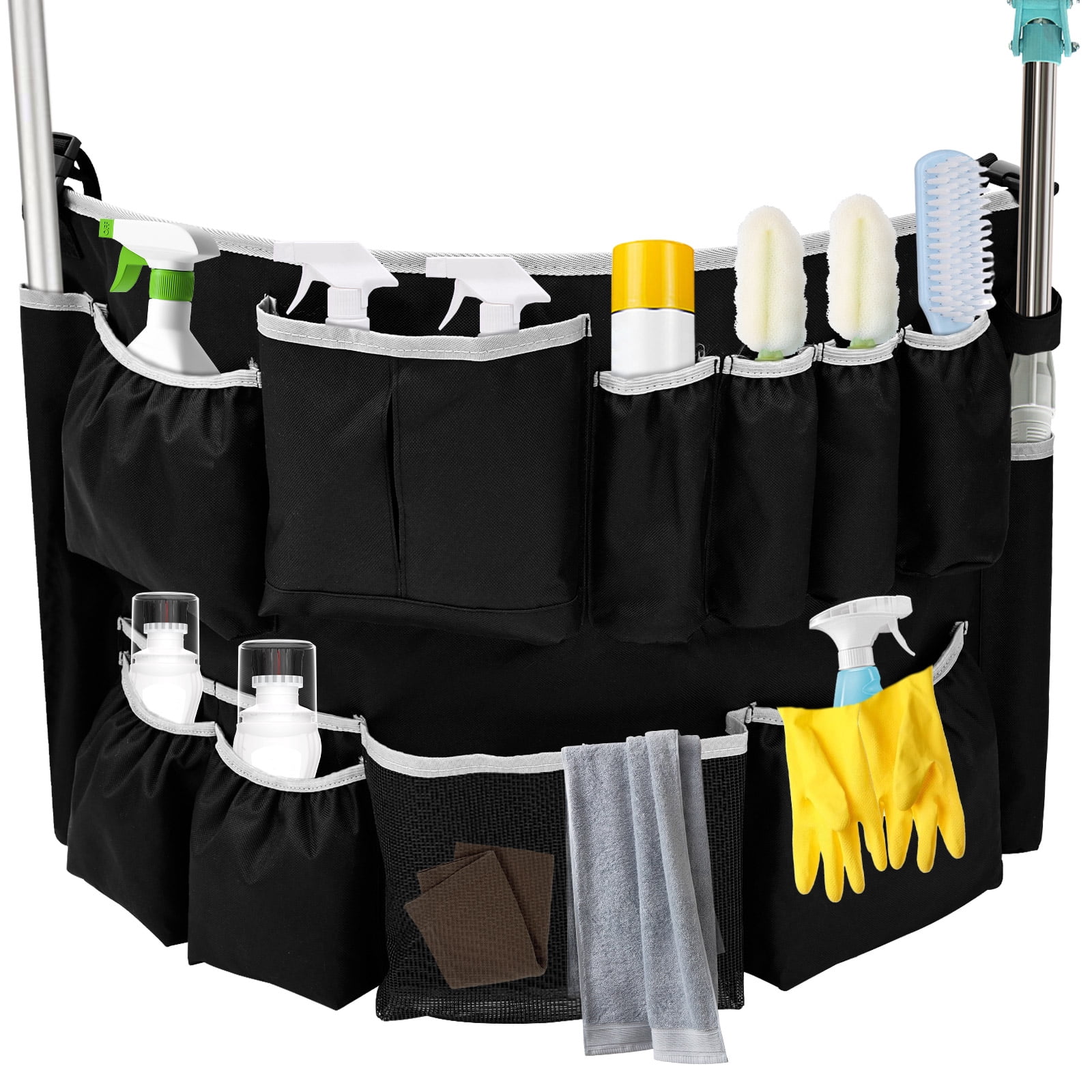 Wekvgz Trash Can Caddy Bag Fit 32 to 55 Gallon Garbage Bin Polyester Garbage Can Caddy with 13 Pockets for Housekeeper Professional Cleaner