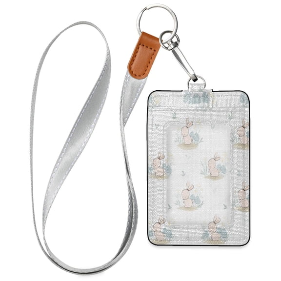 PU Leather Badge Holder Lightweight ID Card Holder with Window Pocket Sweet Rabbit