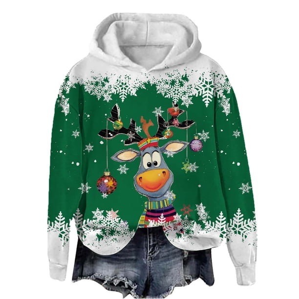 WILLBEST Sudadera de Mujer con Capucha, Estilo Casual, con Estampado Navideño de Ciervos con Cabeza Grande y Copos de Nieve Cuello Redondo, Manga Larga y Diseño Ligero X-Grande