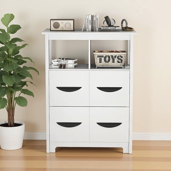 Barara King 24 Inch Floor Storage Sideboard with 2 Open Compartments and 2 Drawers, Cabinet for Living Room, White