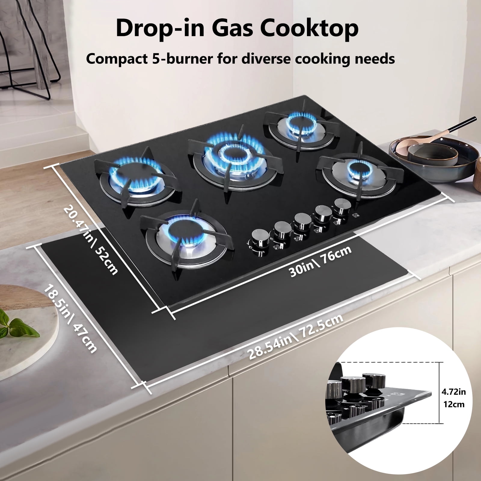 Nardea 30" Built in Gas Cooktop, 5 Burner Gas Cooktop for NG/LPG Dual Fuel Convertible, Propane Gas Stove Burner with Thermocouple Protection,Black Tempered Glass, 35900BTU