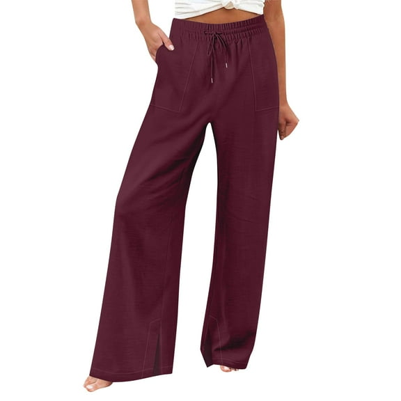 YUEJUIR Women'S Pants Women'S Solid Color Cotton And Linen Wide Leg Pants Slit Drawstring High Waist Casual Loose Pants Casual Straight Leg Pants With Pockets Womens Dress Pants (Red,XXL)