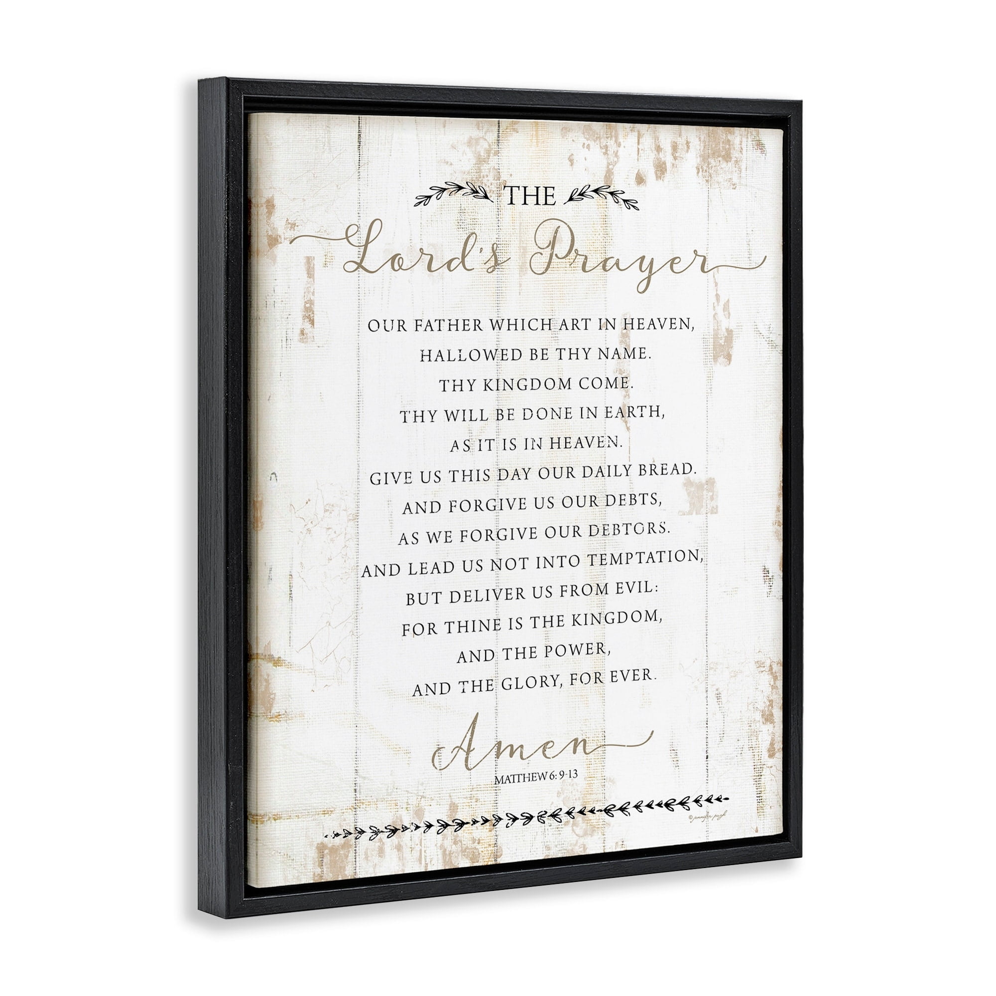 Stupell Industries The Lords Prayer Our Father Rustic Distressed White Wood Look Jet Black Framed Floating Canvas Wall Art, 16x20, by Jennifer Pugh