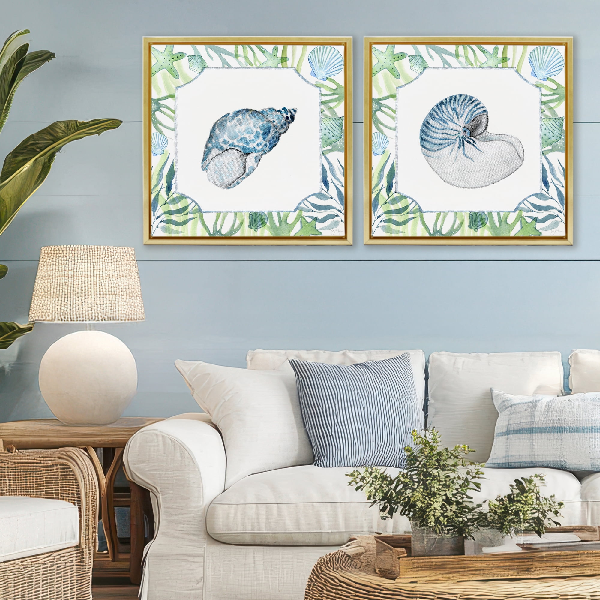 Stupell Industries Seaweed Bordered Seashells 2 Piece Gold Framed Floater Canvas Set, design by Janet Tava