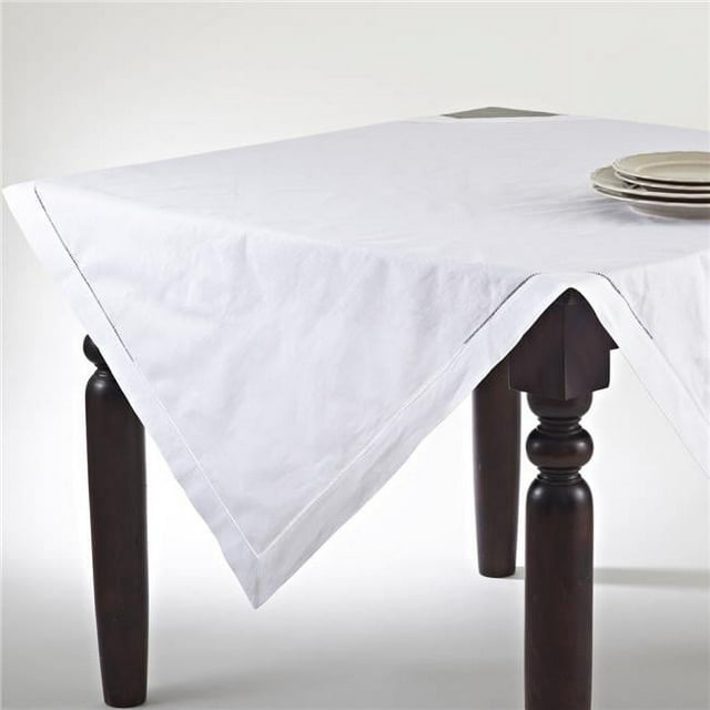 SARO 6100.W54S 54 in. Swiss Dot Square Hemstitched Topper Tablecloth - White