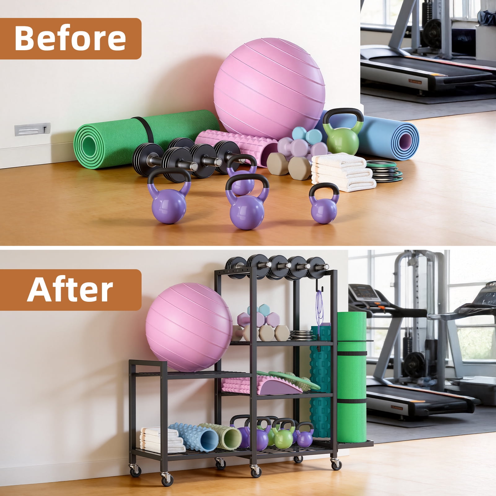 Home Gym Storage, Rack with Wheels, Adjustable Dumbbell Storage Yoga Mat Organizer, Multi-Purpose Fitness Equipment Stand