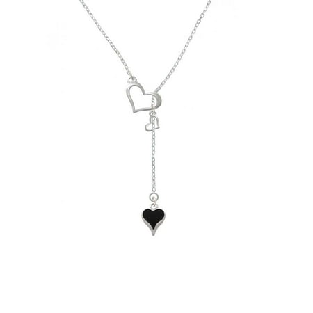 Long Lariat - Silvertone Small Long Black Heart - In My Heart Lariat Necklace