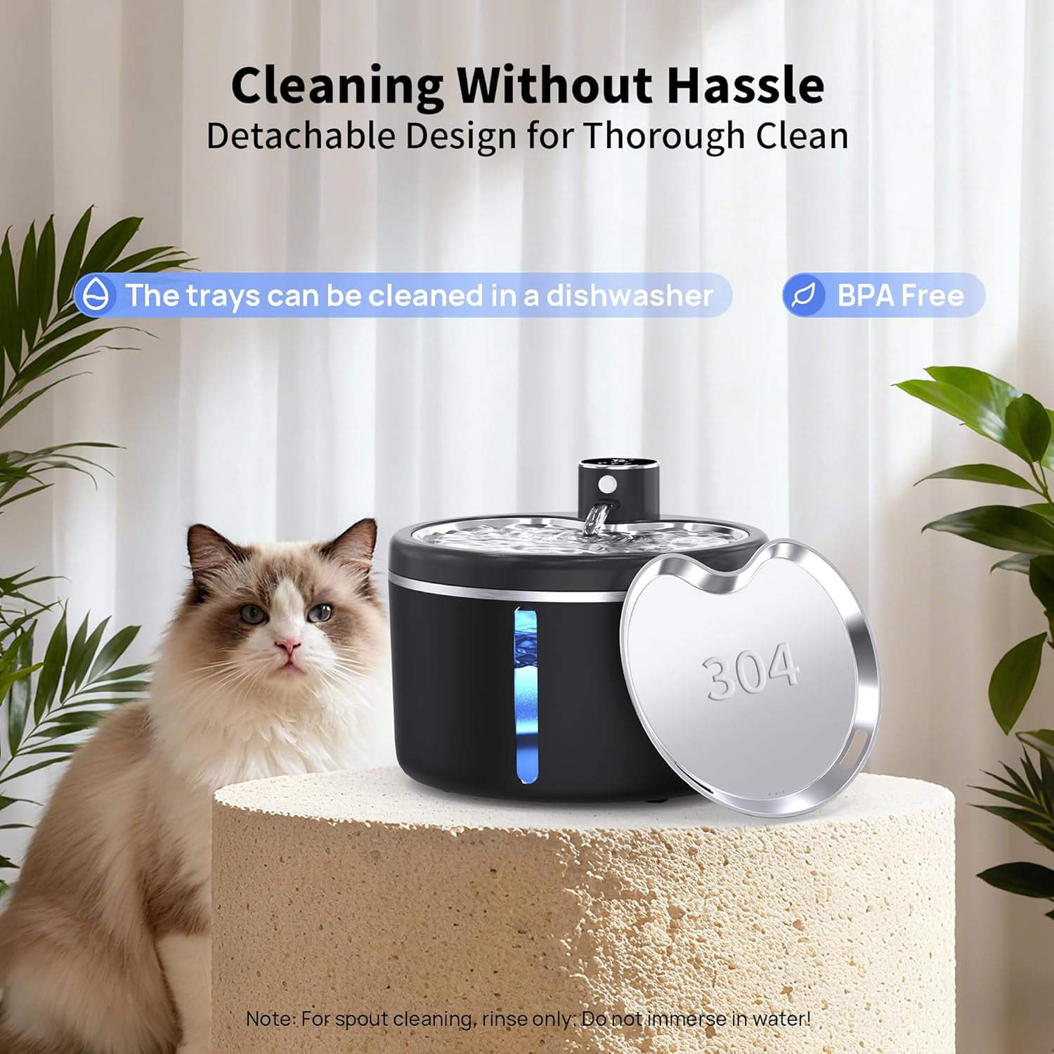 Cordless Cat Water Fountain 108oz 3L Stainless Steel Motion Sensor Battery Operated Pet Drinking Fountain