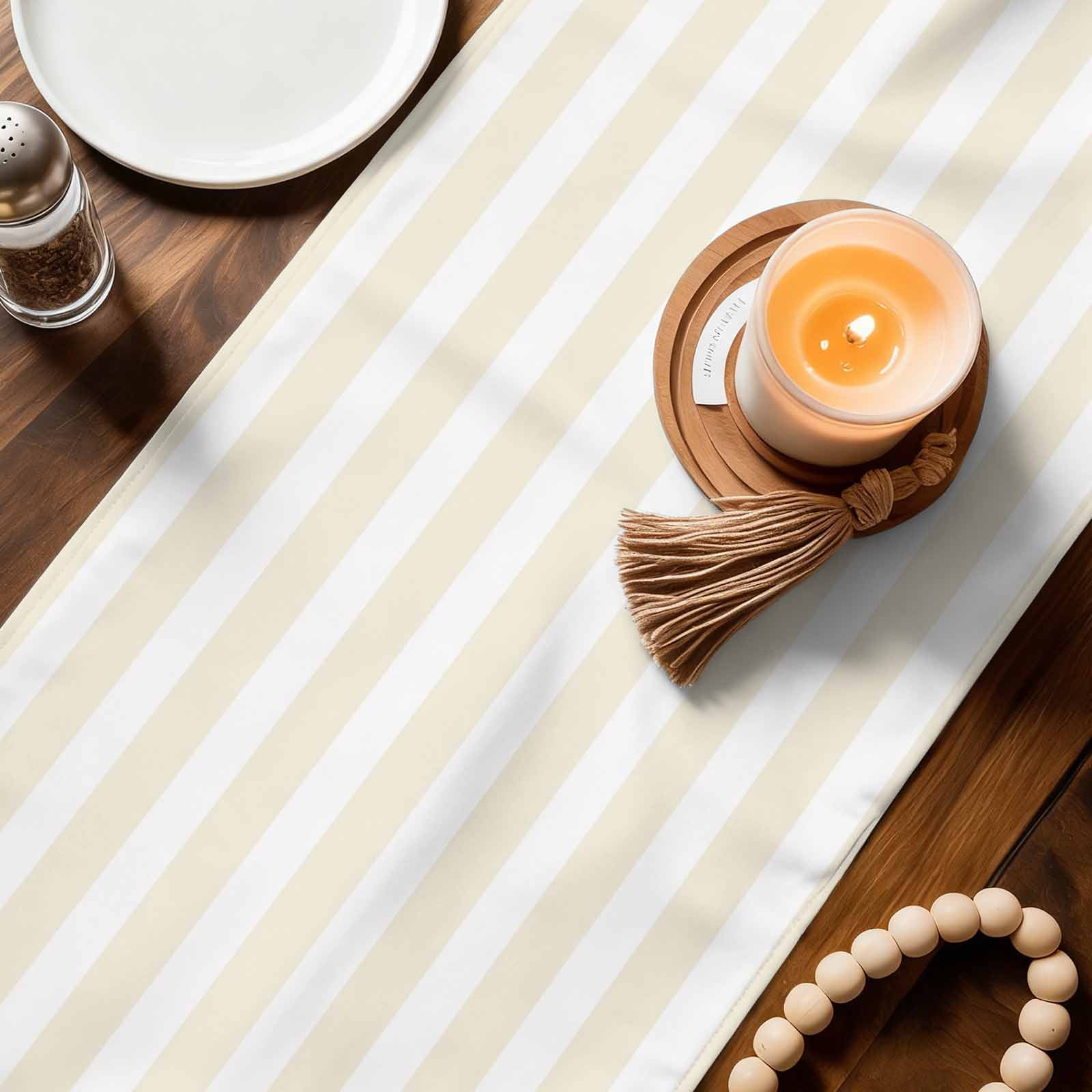 Cream Striped Table Runner, Modern Farmhouse Cream White Stripes Washable Cotton Linen Table Runners 36 Inches Long, Dresser Scarf Runner for Nightstand/End Tables/Round Tables 13''x36''