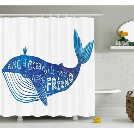 Whale Shower Curtain, Kind of Ocean is My Best Friend Quote with Whale Fish Paintbrush Artsy Picture, Fabric Bathroom Set with Hooks, 69W X 70L Inches, Violet Blue White, by