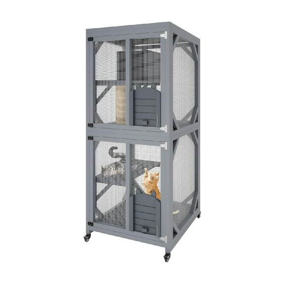 Outdoor Cat Enclosure On Wheels, 68'' Window Catio Kitty House with Weatherproof Roof, 4 Platforms, Resting Box and Scratch Post, Portable Cat Playpen Feral Cats Shelter