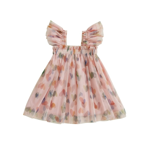 Michellecmm Toddler Girls Valentine's Day Dress Heart Print Fly Sleeve Casual Dress Kids Summer Princess Dress