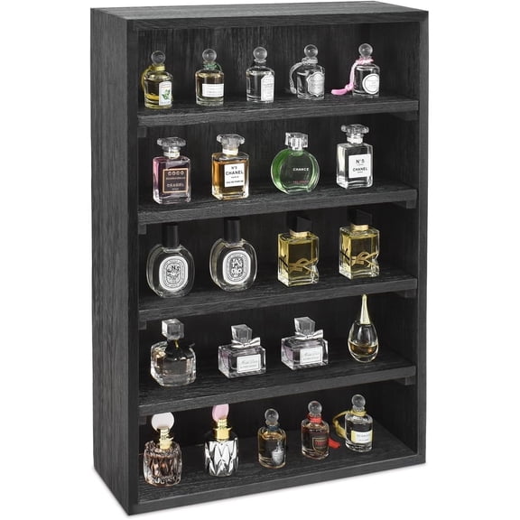 Wooden Wall-Mounted Display Shelf Rack for Collectibles, Figures,Shot Glasses,Spice Can,Cosmetics or Perfume, 5 Adjustable Height Shelves,Space-Saving, Black Color