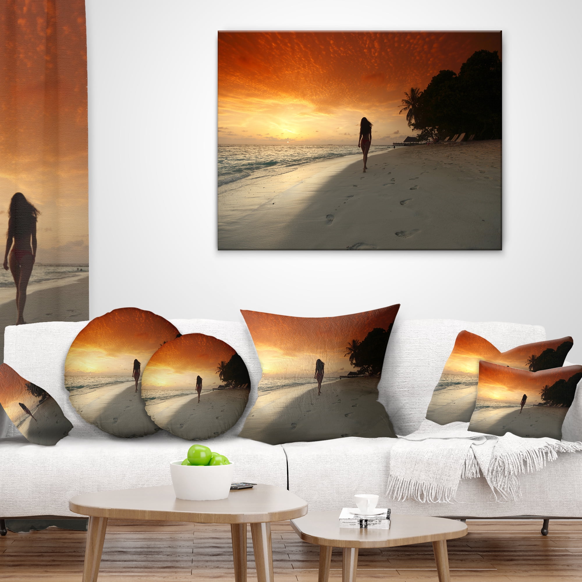 Designart Woman Walking on Beach - Seashore Photo Throw Pillow - 12x20