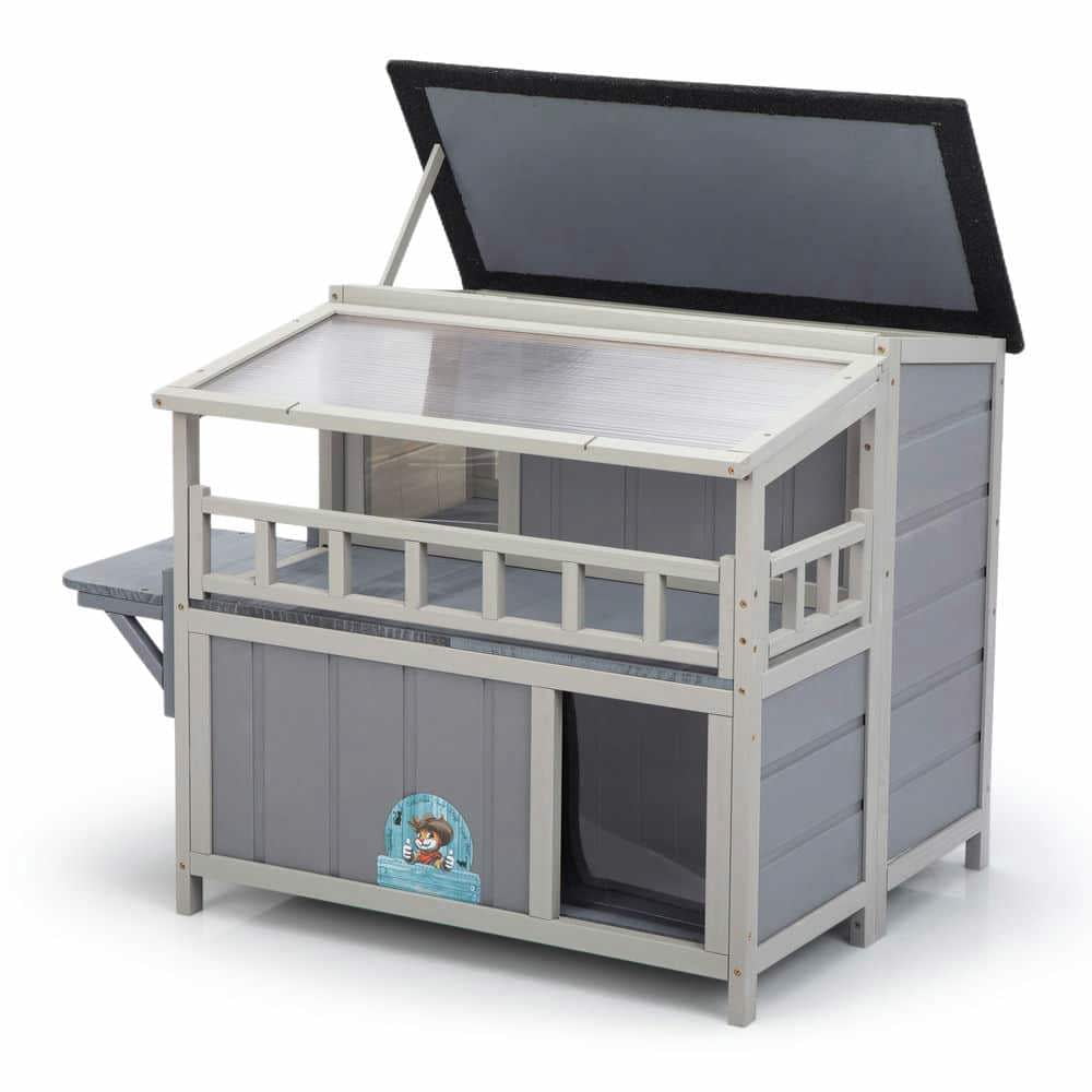 Yardi Yarda 2-Tier Wooden Cat House & Enclosure with Jumping Platforms and Play Run, Waterproof Outdoor Cat Cage with Fringe Curtains and Roof, Gray