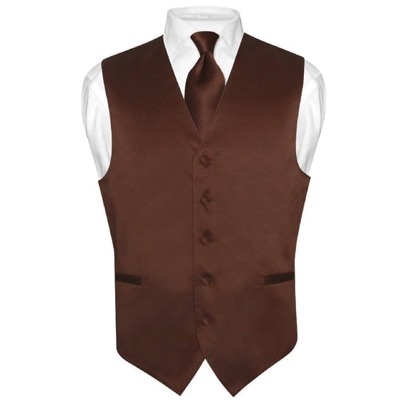 Men's Dress Vest & NeckTie Solid CHOCOLATE BROWN Color Neck Tie Set sz 2XL