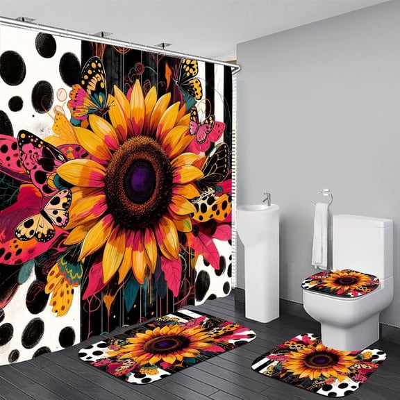 Shower Curtain Sets with Rugs 4 Piece Sunflower Bathroom Sets Decor Accessories Include Non-Slip Rug Toilet Lid Cover Bath Mat and 12 Hooks