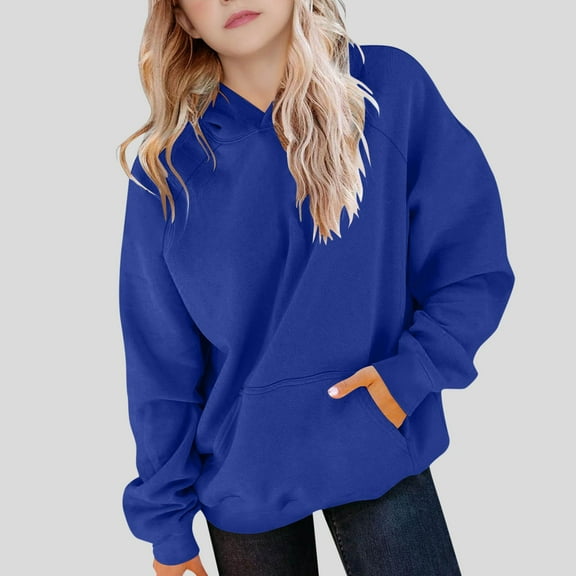 Girls Casual Long Sleeve Hoodies Cute Oversized Fleece Pocket Sweatshirt Tops Blue 12-13 Years