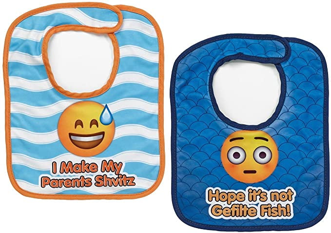 Hook and Loop closure Set Includes: (2) Emoji Bibs With Hook And Loop Closure 1 Bib Says 'Hope it's not Gefilte Fish' & The Other Says 'I Make My Parents Shvitz' Hilarious Baby Gift That Will Get Any