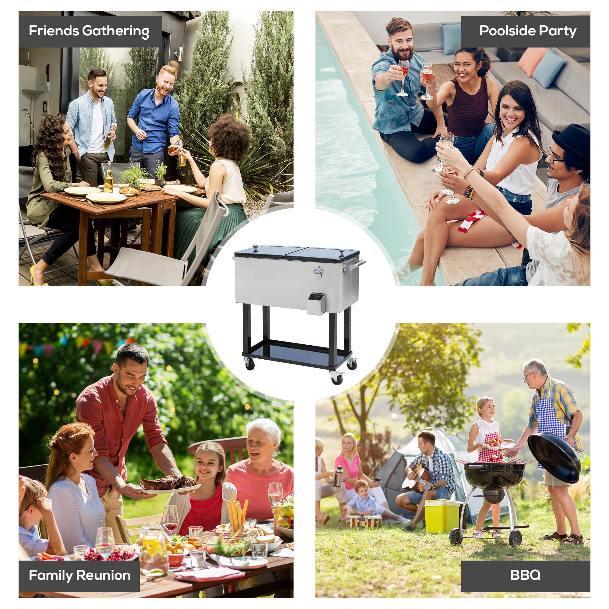 YYAo 80 QT Cooler Ice Chest with Rolling Cooling Bins and Stand Up, Insulated Cooler for Party, Silver