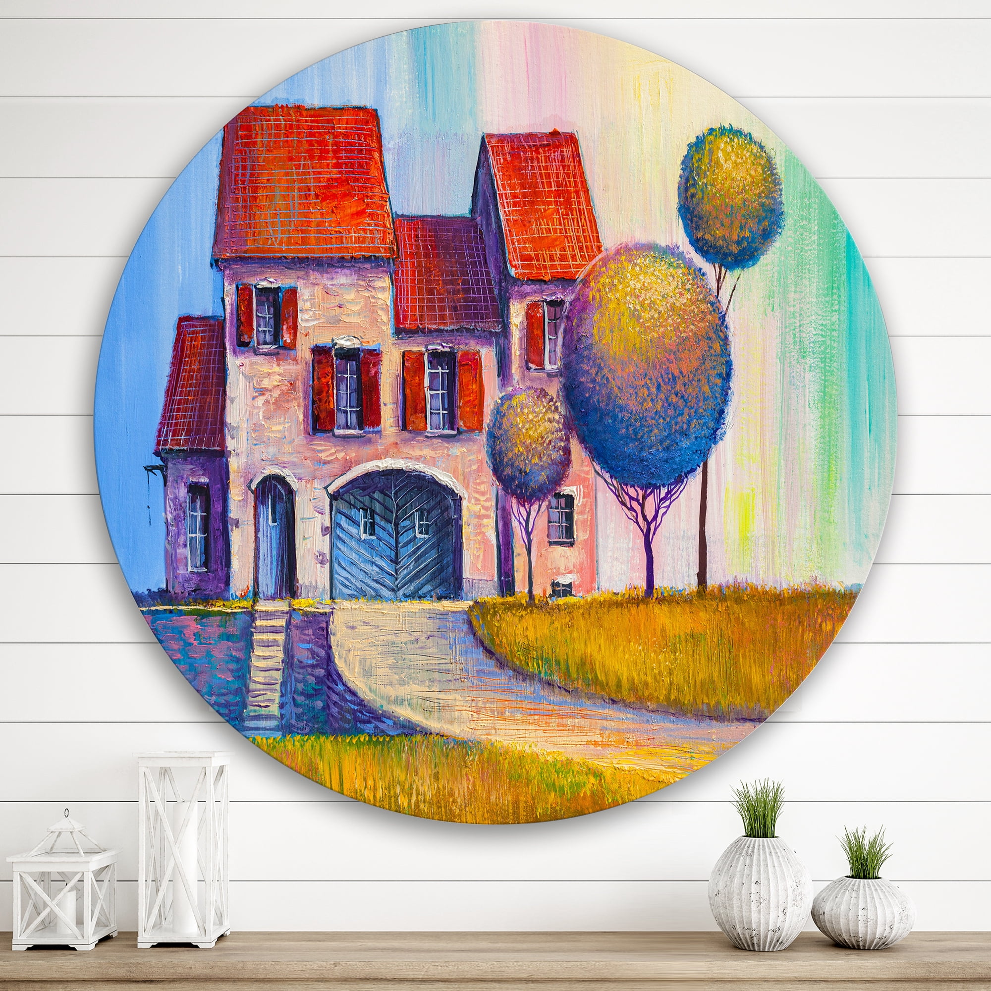 Designart 'A Red Roof House With In The Village' Modern Circle Metal Wall Art 36x36 - Disc of 36