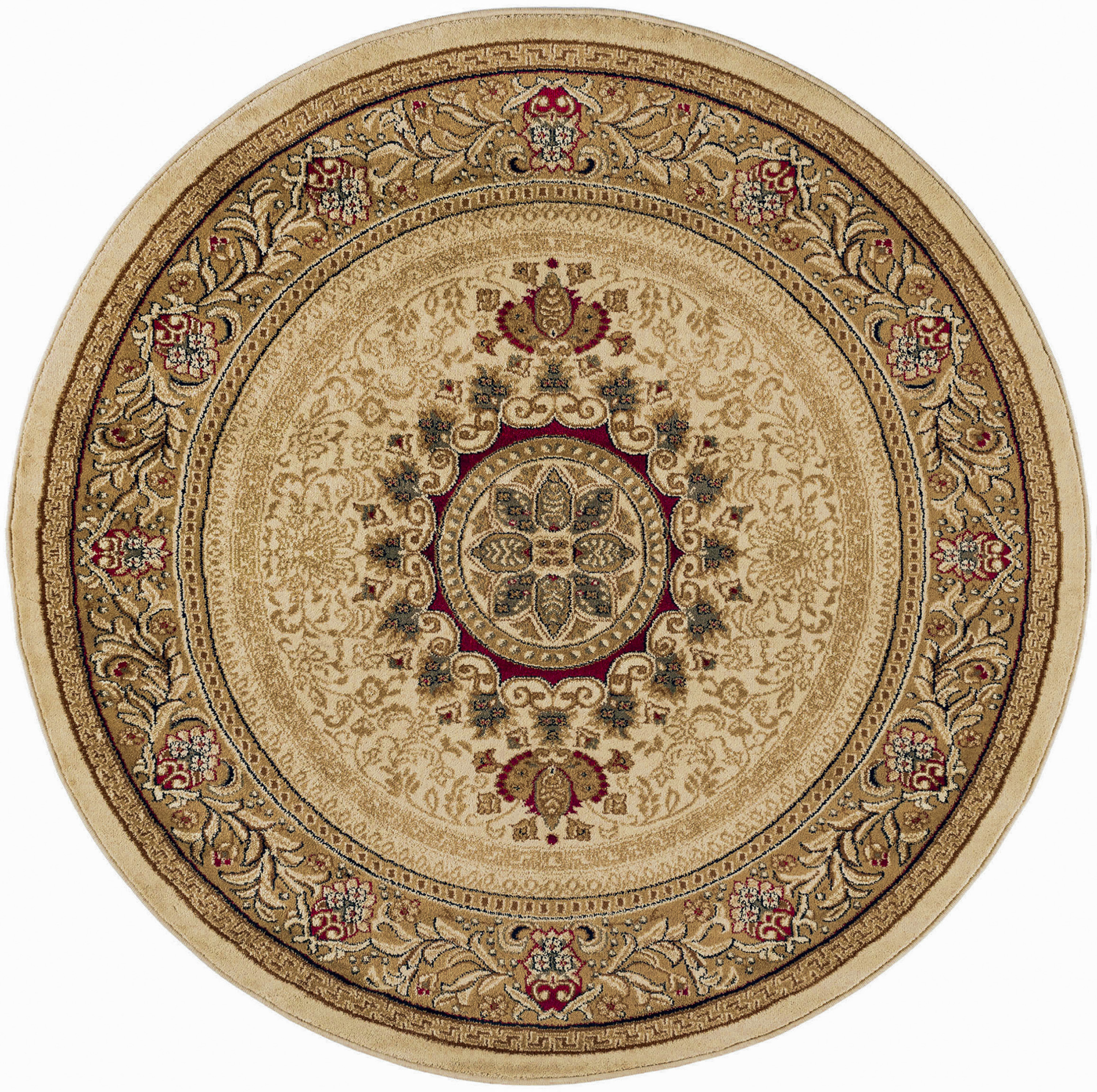 Sensation Traditional 8' Round Ivory and Scarlet Polypropylene Indoor Area Rug