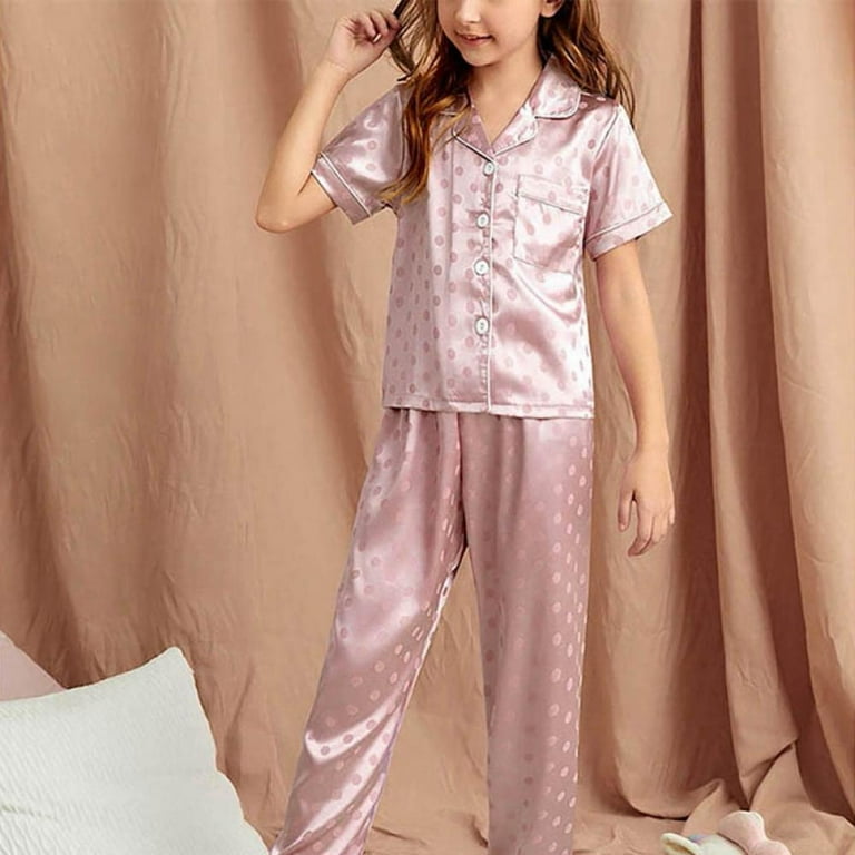 AJZIOJIRO Little Big Girls Silk Satin Pajamas Long Sleeve Set Size 6 13T