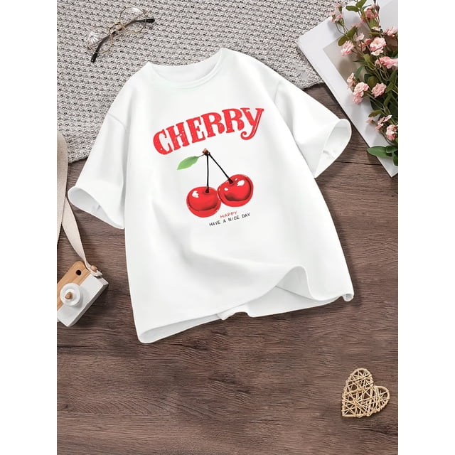 Cherry Blossom Graphic Girls' T-Shirt - Comfy & Durable Cotton, Short Sleeve, Crew Neck - Perfect for Summer Outdoor Play