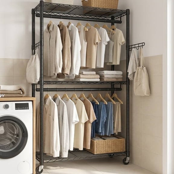 LEDREM Heavy-Duty Rolling Garment Rack with 2 Rails & Shelves , Mobile Closet Organizer with Wheels , Tool-Free Assembly , 302lb Capacity , Black