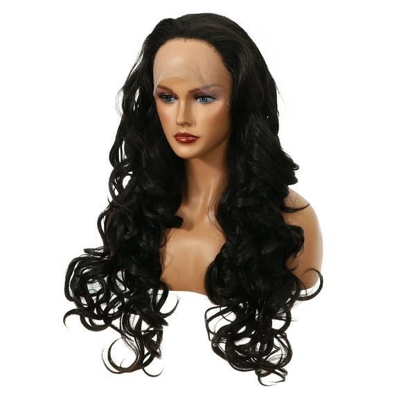 Unique Bargains Lace Front Wigs For Women Girl 26" Black Long Body Wave with Wig Cap