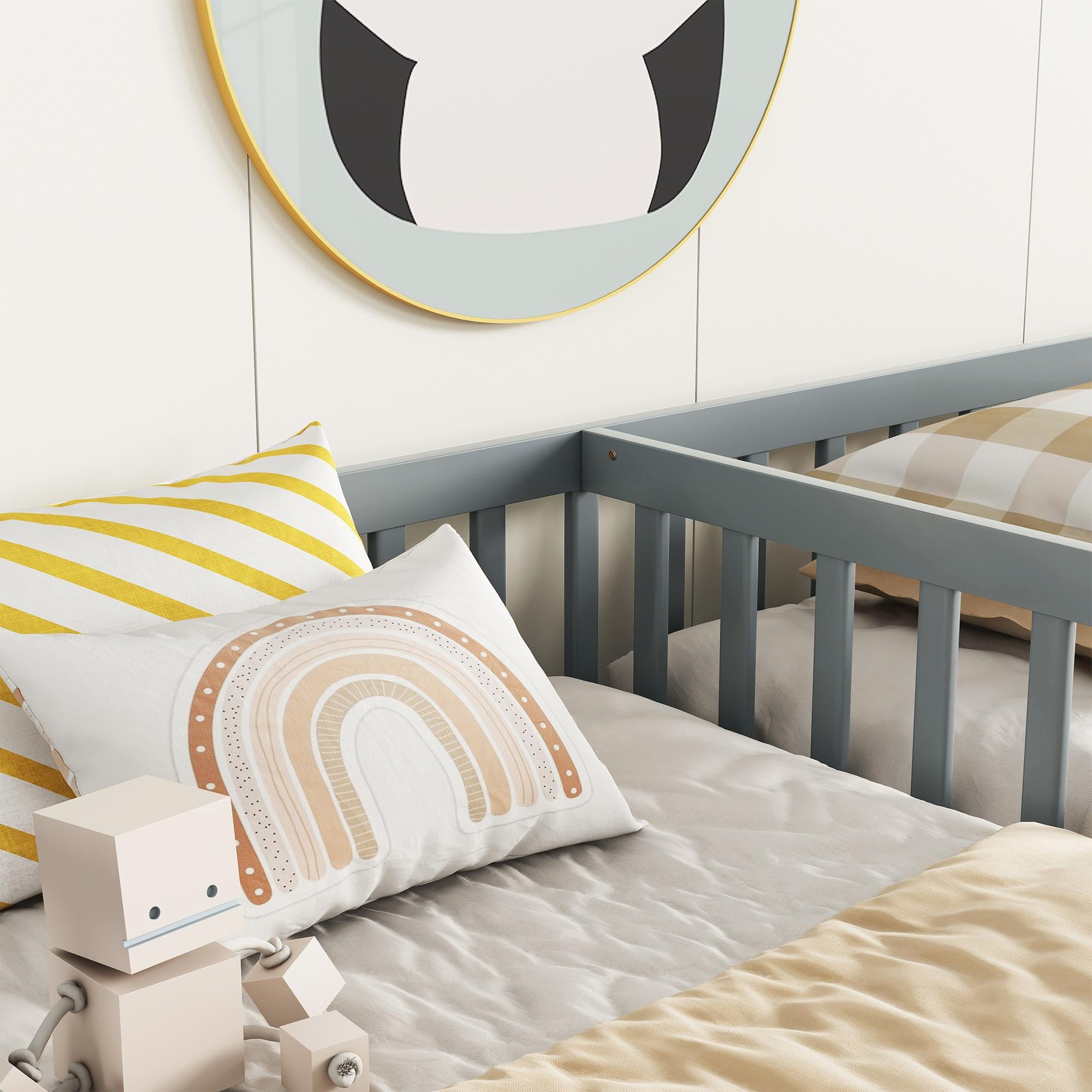 PORKISS Twin Size Floor Bed for Kids, Double Wood Montessori Bed Frame with Fence, Grey