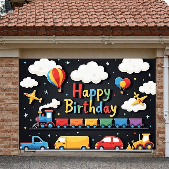 Colorful Design  Banner Transportation Theme Birthday Party Backdrop Vehicle Pattern Hot Air Balloon Decor Vehicle Party Background for Kids Birthday Party Toddler Celebration Indoor Decoration