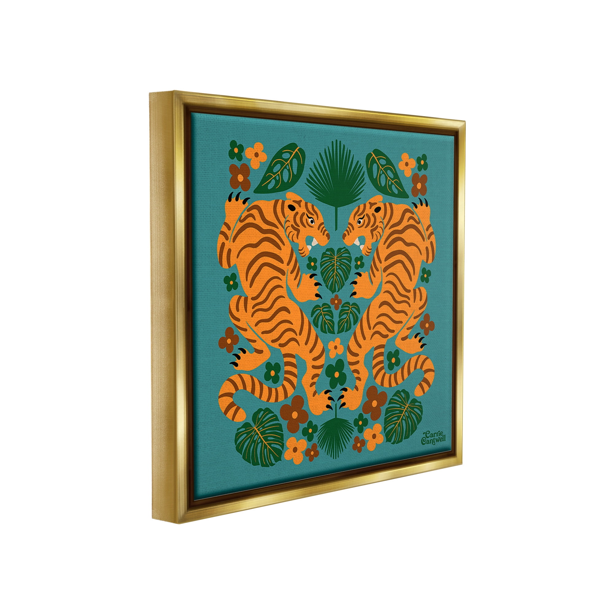 Stupell Industries Symmetrical Tigers & Nature Animals & Insects Painting Gold Floater Framed Canvas Art Print Wall Art, 25 x 25