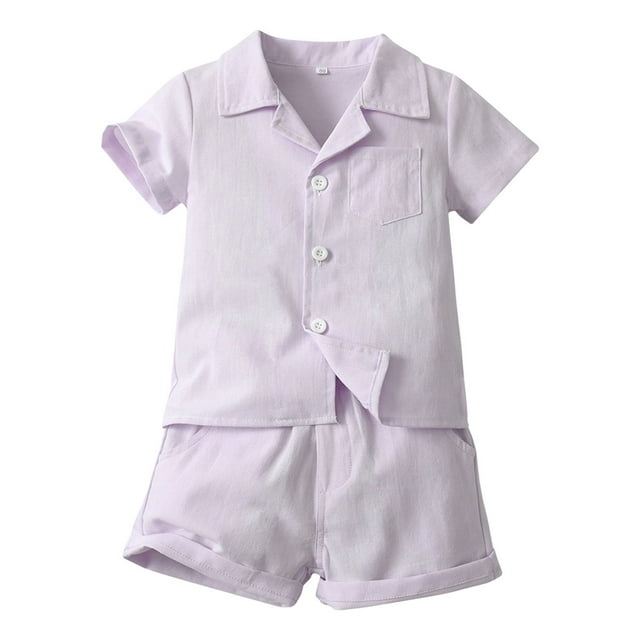 Hiiyo Ensemble 2 Pcs pour Tout-Petits Garçons Plage Uni Chemise à Manches Courtes Boutonnée et Short