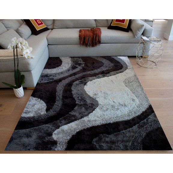 RugBerry Light Gray Dark Grey 8x10 Area Rug 3D Carved Shag Carpet Plush Shaggy Modern Contemporary Bedroom Living Room Decorative Designer