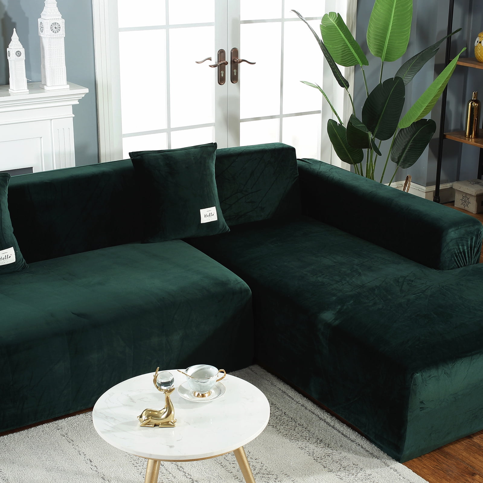 Eurhowing Velvet L-Shaped Sectional Sofa Cover with 4 Pillowcases, Stretch Soft Couch Slipcovers 3 Seater+4 Seater, Sofa Furniture Protector, Dark Green