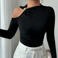thumbnail image 5 of Women Turtleneck Cut Out Cold Shoulder Tee Tops Long Sleeve Slim Fit Casual Basic T Shirt Going Out Fall Outfits 2025 Black M, 5 of 8
