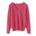 thumbnail image 4 of Women's V-Neck Button Detail Knit Sweater, Loose Fit Long Sleeve Pullover with Slimming Effect, Plus Size Soft Blouse for Layering and Outer Wear, 2025 Casual Comfortable Daily Top Pink XL, 4 of 6