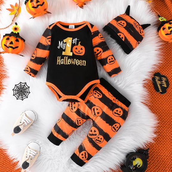 JCCXIN Child Toddler Boys Halloween Outfits 1St Birthday Pumpkin Graphic Striped Romper And Pants With Hat 3 PC Set Long Sleeve Dress-Up Party Newborn Fall Cute Trick Or Treat Wear,Orange,9-12 Months