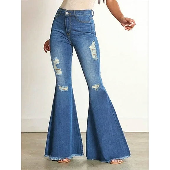 Women's High Waisted Flared Pants Ripped Knee Flared Women's Jeans, Casual And Fashionable Boyfriend Long Pants