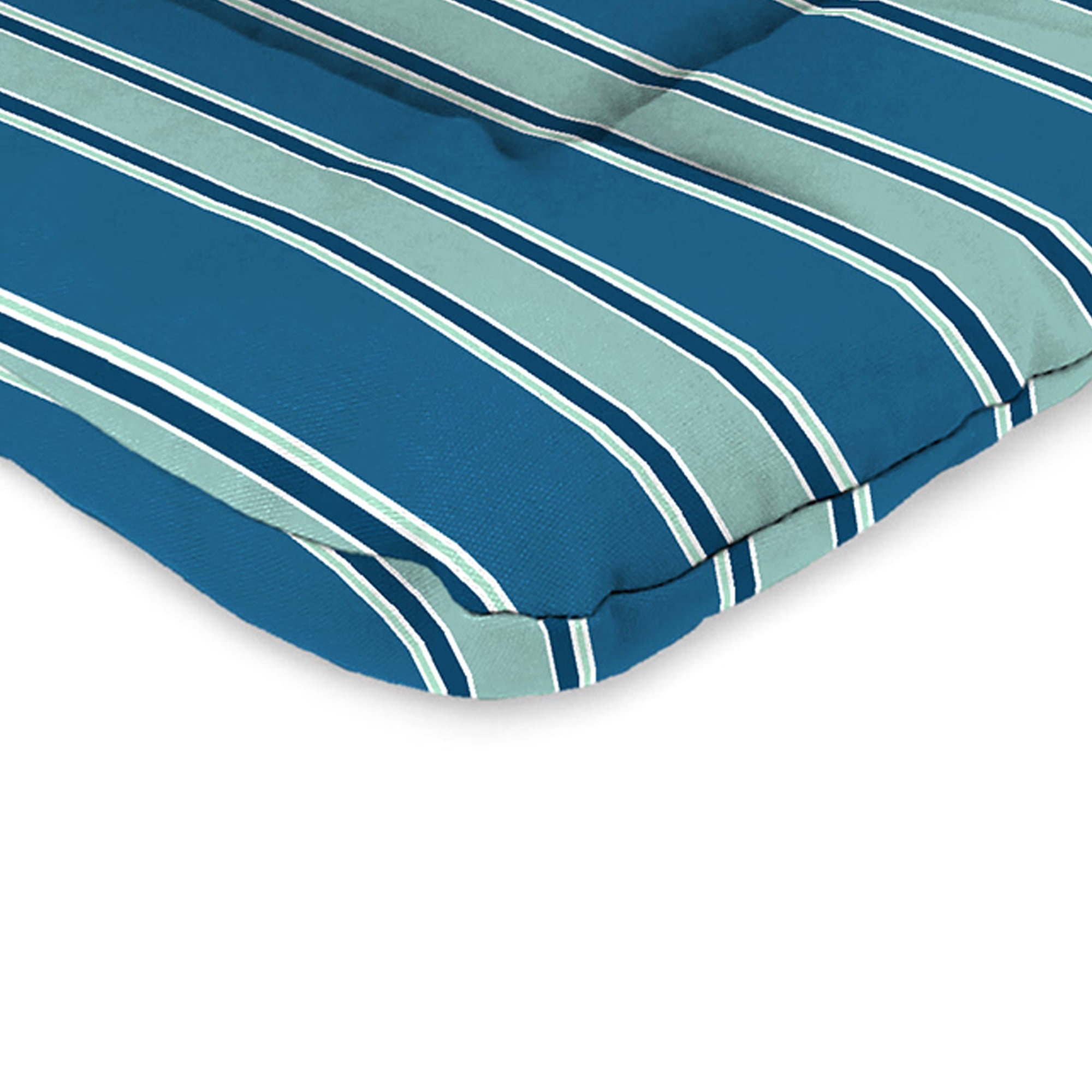 Jordan Manufacturing 38" x 21" Sanders Puff Blue and Gray Green Stripe Rectangular Outdoor Wrought Iron Chair Cushion with Ties and Hanger Loop