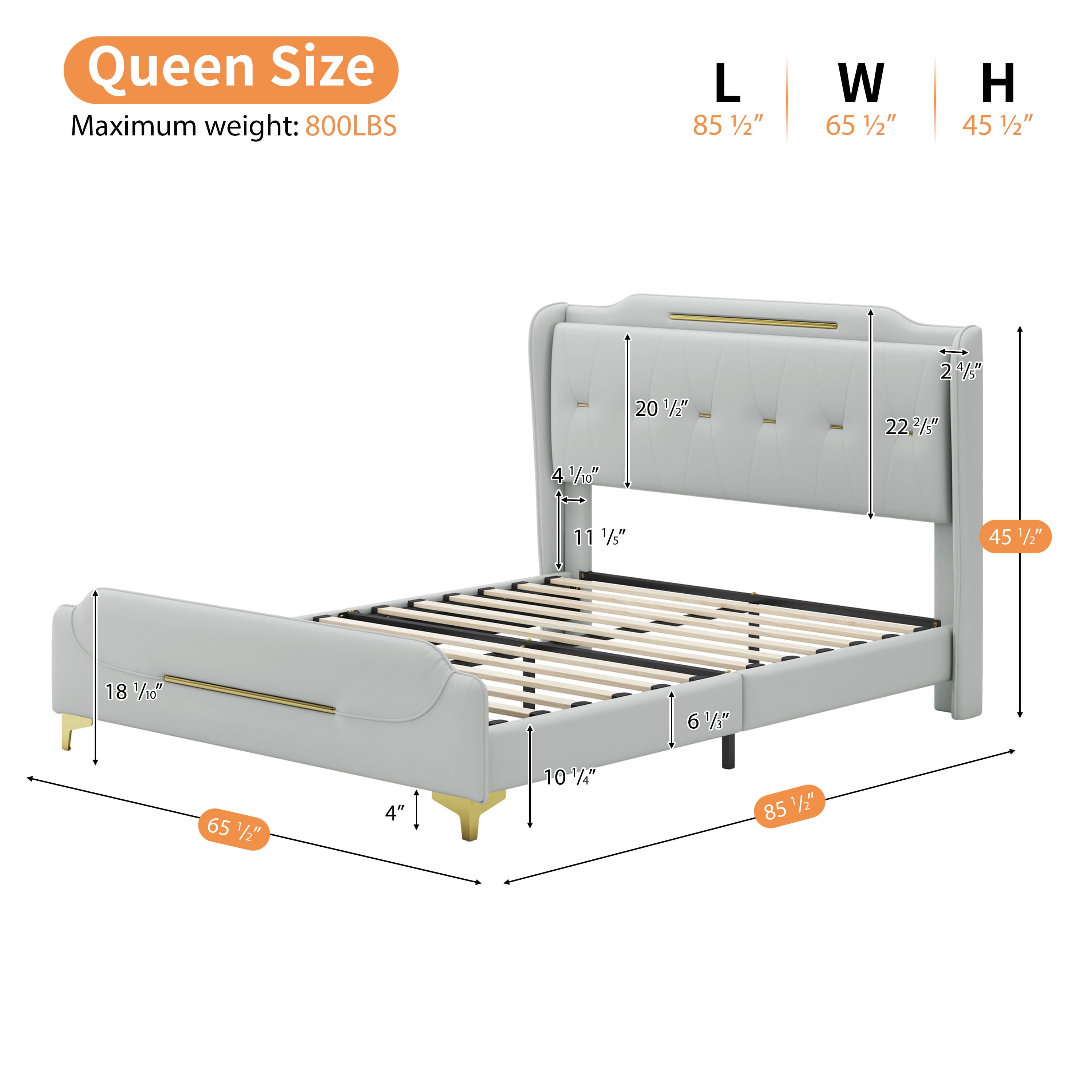 Alvantor Queen Size Upholstered Platform Bed Frame with Leather Headboard, Solid Wooden Slats Support, Gray