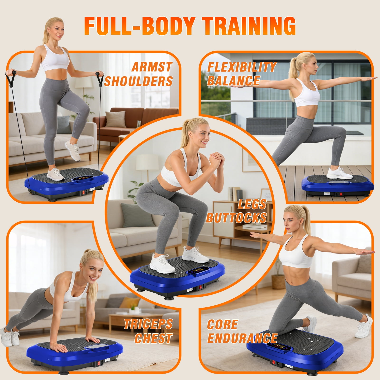 RICAN Vibration Plate Exercise Machine, Full Body Vibration Platform with 2 Loops & 5 Resistance Bands for Wellness and Fitness, Blue