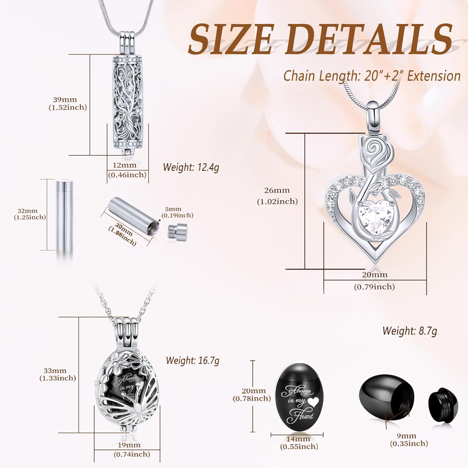 3Pcs Urn Necklace for Ashes for Women Stainless Steel Teardrop Butterfly Tree of Life Hollow Mini Cylinder Keepsake Cremation Memorial Pendant