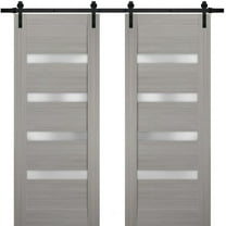 Sturdy Double Barn Door with | Quadro 4113 Grey Ash with Frosted Glass | Black 13FT Rail Hangers Heavy Set | Solid Panel Interior Doors-36" x 96" (2* 18x96)-Black Rail