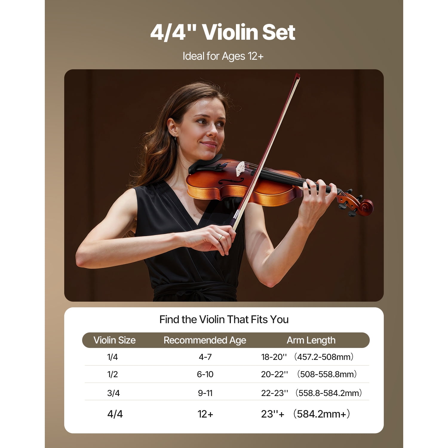 KFFKFF 4/4 Full-Size Violin for Adults, Complete Beginner Set with Case, Bow, Rosin, Shoulder Rest, Bridge, Extra Strings, Solid Wood Instrument (Matte Brown)
